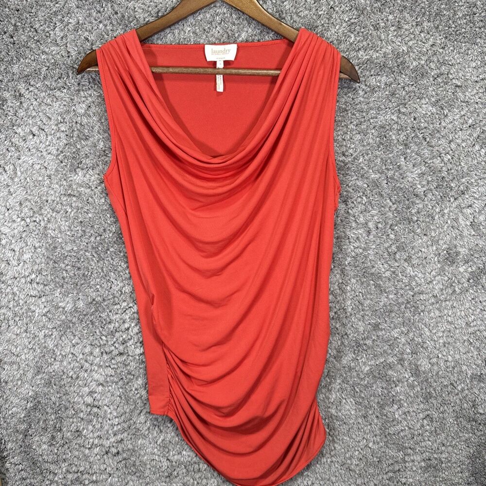 Laundry Shelli Segal Cowl Neck Sleeveless Top Ruched Asymmetric Small Orange